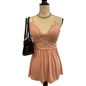 Blue B Collection Lace Trim Spaghetti Strap Babydoll Top | Dusty Rose | Small